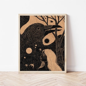 May include: Black and white illustration of a raven with a woman's face in the background. The raven is perched on a branch with a moon and stars in the sky. The woman's face is looking up at the raven.