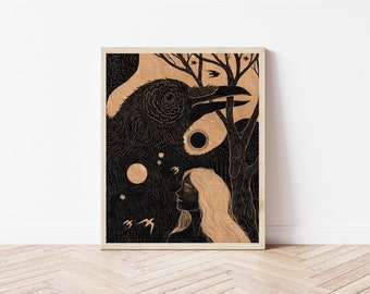 Night Crow, Sun, and Moon Folk Art Print - Bird Art Print - Folklore Cottagecore Art - Gothic Raven Wall Décor
