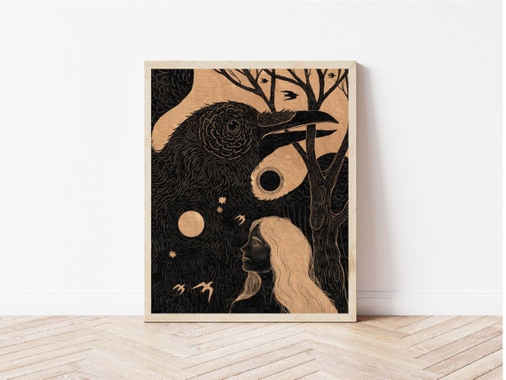 Night Crow, Sun, and Moon Folk Art Print - Bird Art Print - Folklore Cottagecore Art - Gothic Raven Wall Décor