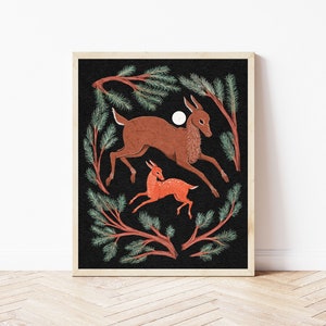 Folk Art Doe and Fawn Nature Print Illustration - Deer and Pine Botanical Art Print - Celestial Fawn, Dark Witchy Cottagecore Wall Décor