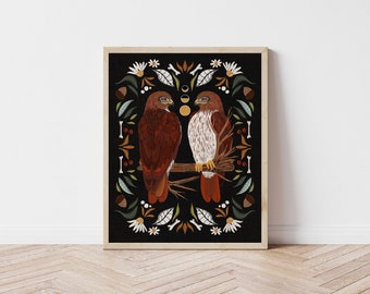 Red Tailed Hawks and Moon Phase Folk Art Print - Birds of Prey and Botanical Illustration - Witchy, Celestial, Cottagecore Wall Décor