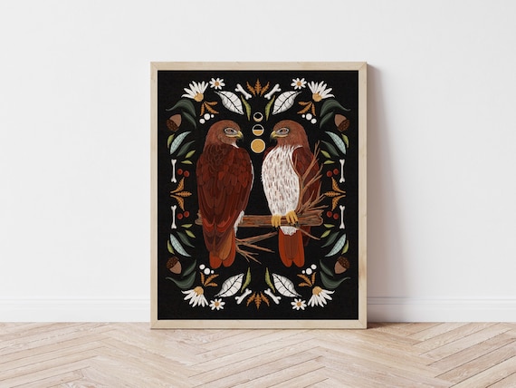 Red Tailed Hawks and Moon Phase Folk Art Print - Birds of Prey and Botanical Illustration - Witchy, Celestial, Cottagecore Wall Décor