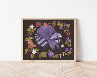 Raccoon, Polyphemus Moth, and Wren Nature Print - Woodland Creatures Nursery and Kid's Art - Animal and Botanical Cottagecore Wall Décor