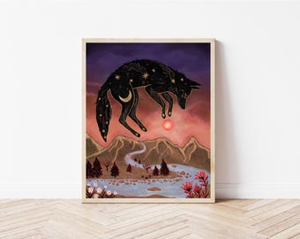 Folk Art Night Sky Wolf and Sunset Print - Mountain Illustration - Witchy, Celestial, Cottagecore Wall Décor
