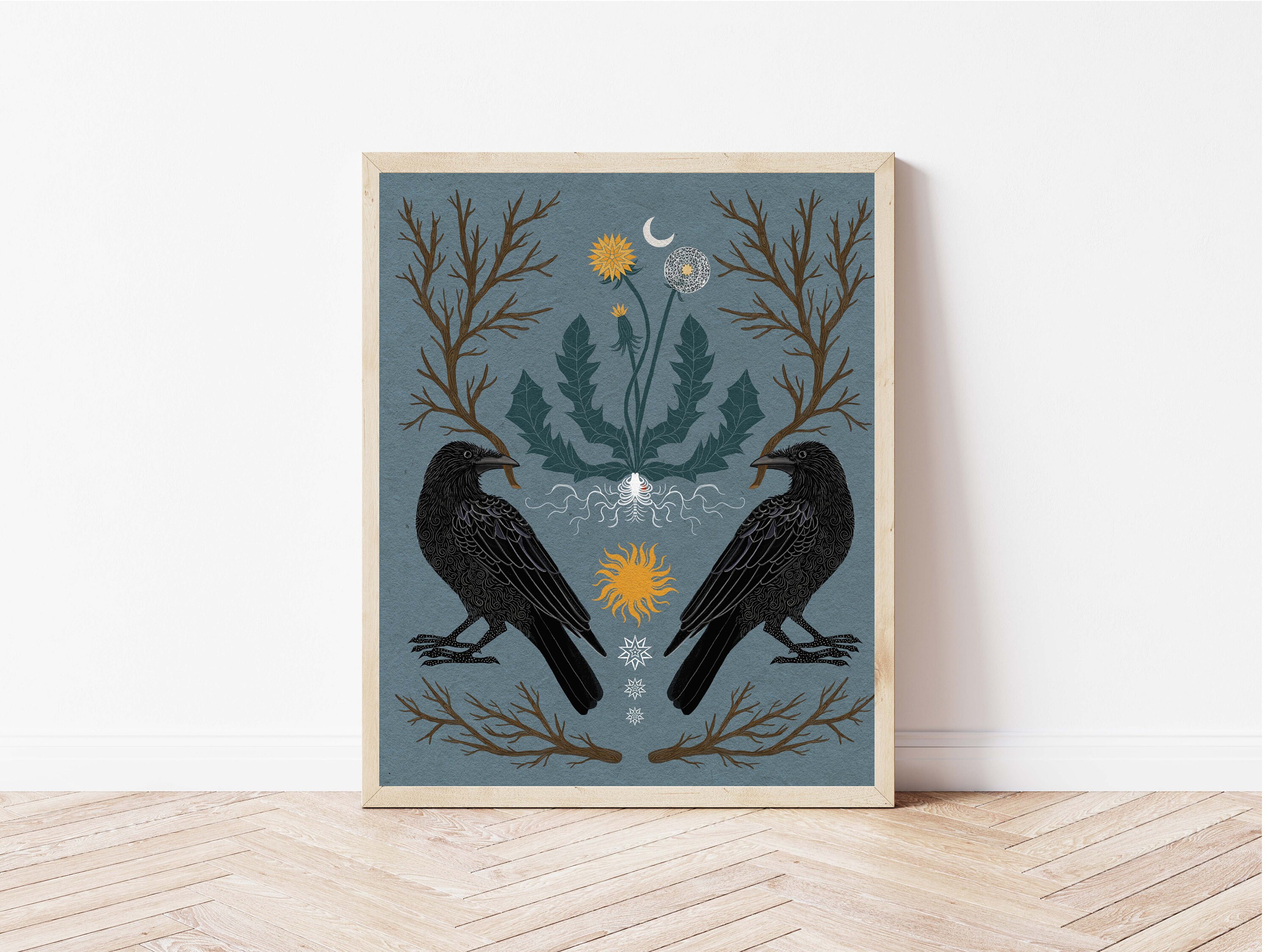 Nesting Crows and Dandelions Nature Print - Cottagecore Folk Art