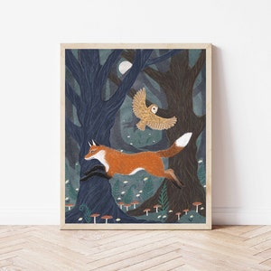 May include: A digital illustration of a red fox running through a dark blue forest with a brown owl flying above. The forest is filled with green foliage and mushrooms.