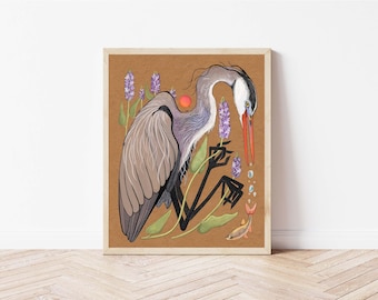 Great Blue Heron, Golden Shiner, and Pickerelweed - Bird Botanical Illustration - Florida Coastal Cottagecore Wall Décor