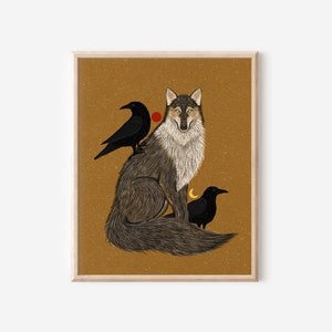 Wolf and Crow Folk Art Nature Print Coyote Art Wall Décor Woodland Creatures, Celestial Moon Phase Nature Illustration image 2