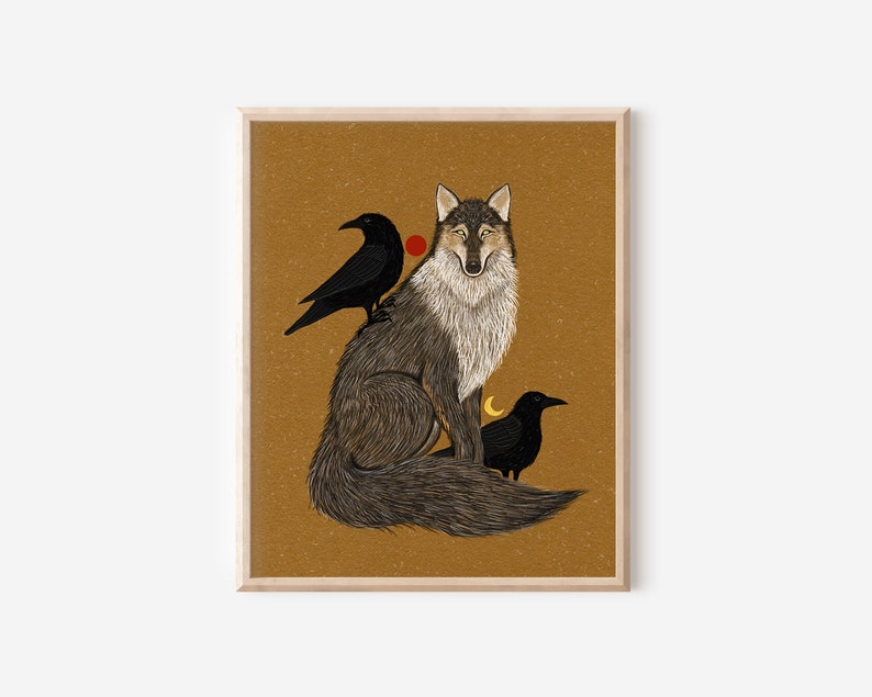 Wolf and Crow Folk Art Nature Print Coyote Art Wall Décor Woodland Creatures, Celestial Moon Phase Nature Illustration image 2