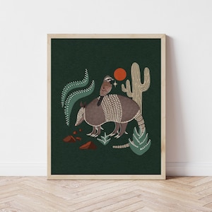 Armadillo, Sparrow, and Cactus Nature Art Print - Saguaro and Desert Illustration - Witchy, Celestial, Southwestern Cottagecore Wall Décor