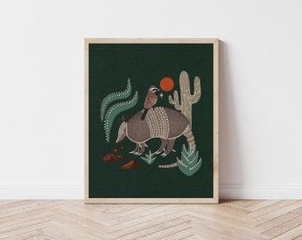 Armadillo, Sparrow, and Cactus Nature Art Print - Saguaro and Desert Illustration - Witchy, Celestial, Southwestern Cottagecore Wall Décor