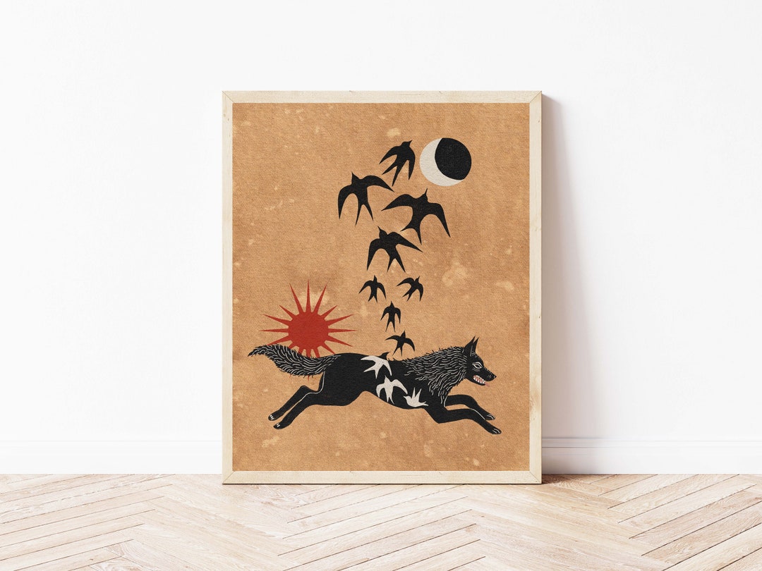 Running Folk Art Wolf and Birds Cottagecore Animal Wall Décor Medieval Inspired Wolf Folk Art