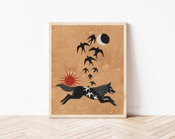 Running Folk Art Wolf and Birds - Cottagecore Animal Wall Décor - Medieval Inspired Wolf Folk Art, Celestial Moon Phase Nature Illustration