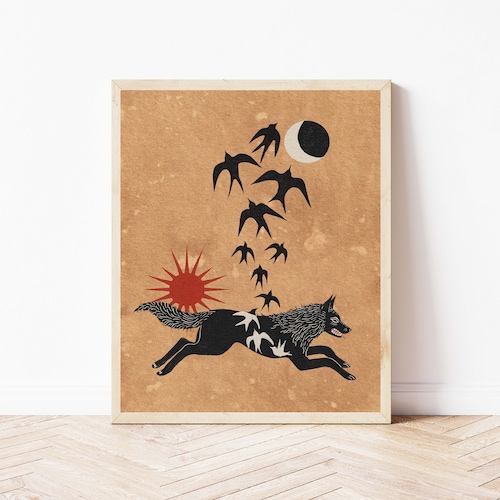 Folk Art Wolves and Moon Phase Nature Print Cottagecore Etsy