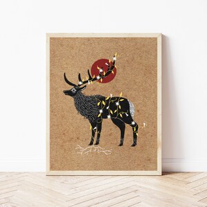 Elk and Blood Moon Folk Art Nature Print - Cottagecore Animal and Botanical Wall Décor - Medieval Inspired Folk Art, Celestial Illustration