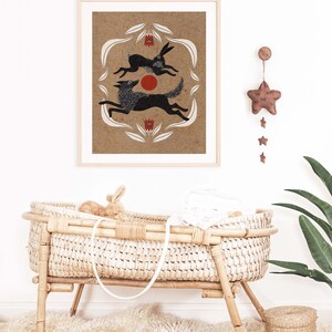 Wolf Chasing Rabbit and Blood Moon Folk Art Nature Print - Cottagecore ...