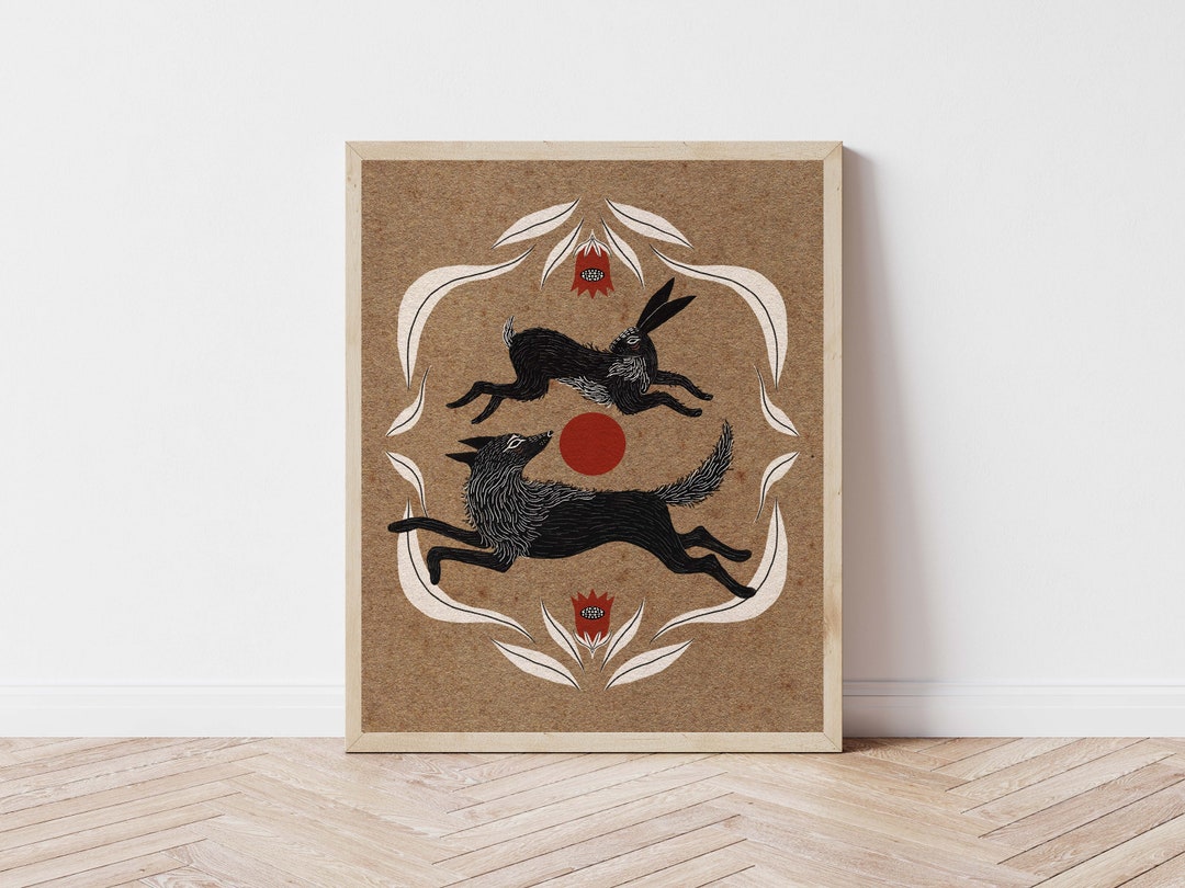 Wolf Chasing Rabbit and Blood Moon Folk Art Nature Print - Cottagecore ...