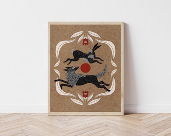 Wolf Chasing Rabbit and Blood Moon Folk Art Nature Print - Cottagecore Wall Décor - Medieval Inspired Folk Art, Celestial Illustration