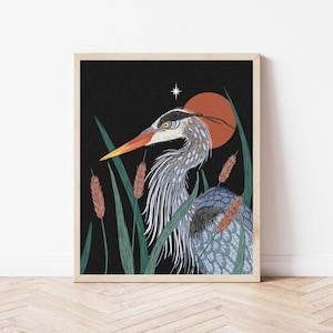 Great Blue Heron, Cattails, and Blood Moon Nature Art Print - Bird Botanical Illustration - Witchy Celestial Coastal Cottagecore Wall Décor