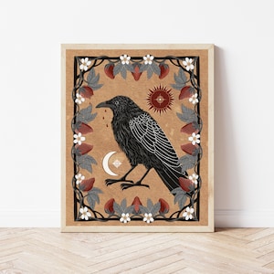 Crow and Strawberries Folk Art Nature Print - Bird Print - Witchy Cottagecore Art - Gothic Raven Wall Décor