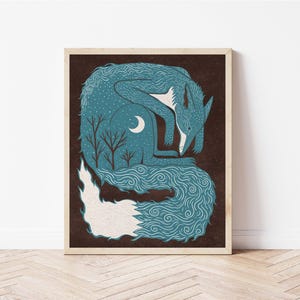 May include: A blue and white illustration of a fox curled up with its tail wrapped around its body. The fox is surrounded by a dark brown background and has a crescent moon in its fur.