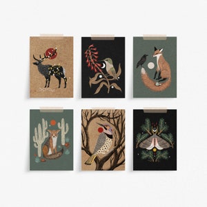 Folk Art Animal Print Variety Bundle - 5 x 7 inch Assorted Mini Prints - Fox, Moth, Deer, Bird Wall Décor - Cottagecore Nature Illustration