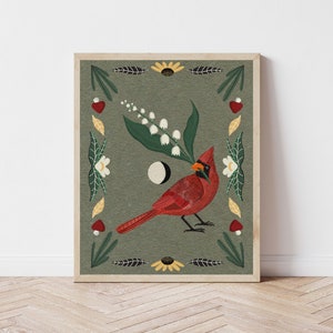 Folk Art Cardinal and Lily of the Valley Nature Print - Colorful Bird and Moon Illustration - Witchy, Celestial, Cottagecore Wall Décor