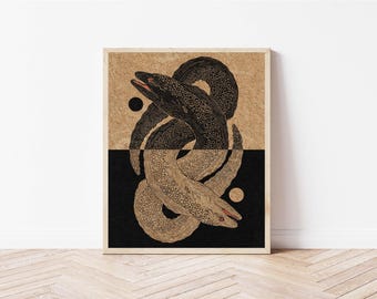 Moray Eels and Moon Folk Art Nature Print - Cottagecore Nature Lover's Botanical Witchy Illustration - Sea Creature Decor