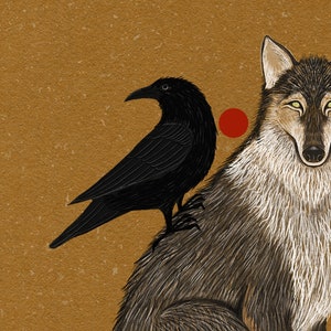 Wolf and Crow Folk Art Nature Print Coyote Art Wall Décor Woodland Creatures, Celestial Moon Phase Nature Illustration image 9