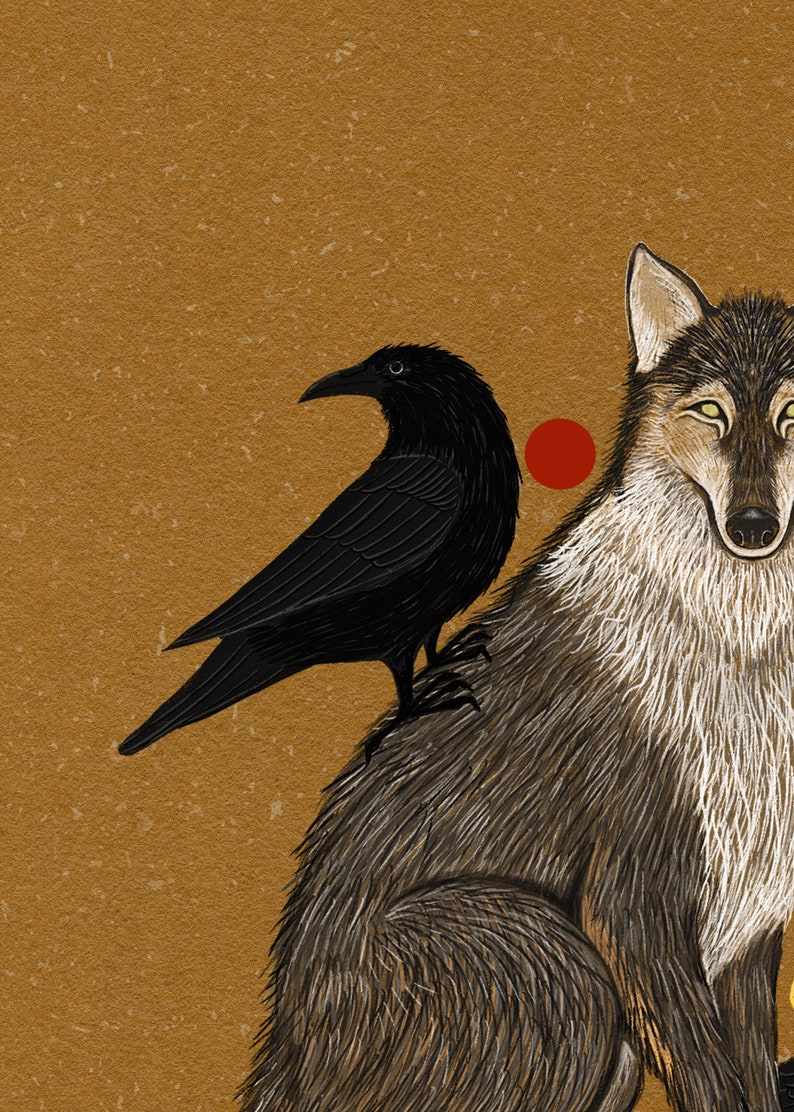 Wolf and Crow Folk Art Nature Print Coyote Art Wall Décor Woodland Creatures, Celestial Moon Phase Nature Illustration image 9