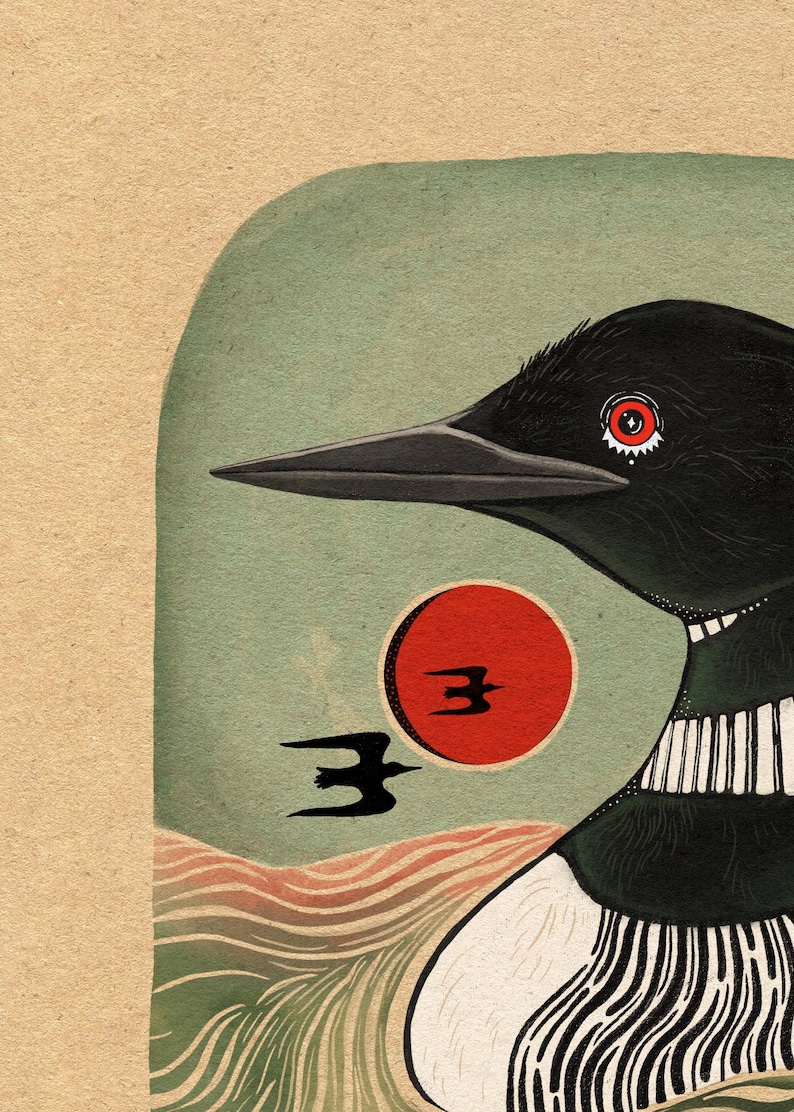 May include: A graphic illustration of a black loon with a red eye, set against a sage green background. The loon features white and black neck markings. A red circular sun sits behind two black bird silhouettes above wavy water lines.