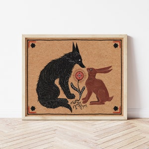 Lámina de arte popular de la naturaleza con lobo y liebre - Decoración de pared botánica estilo cottagecore - Arte popular de inspiración medieval, arte de brujas con lobo y conejo