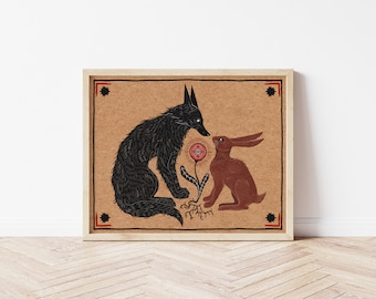 Wolf and Hare Folk Art Nature Print - Cottagecore Botanical Wall Décor - Medieval Inspired Folk Art, Wolf and Rabbit Witchy Art