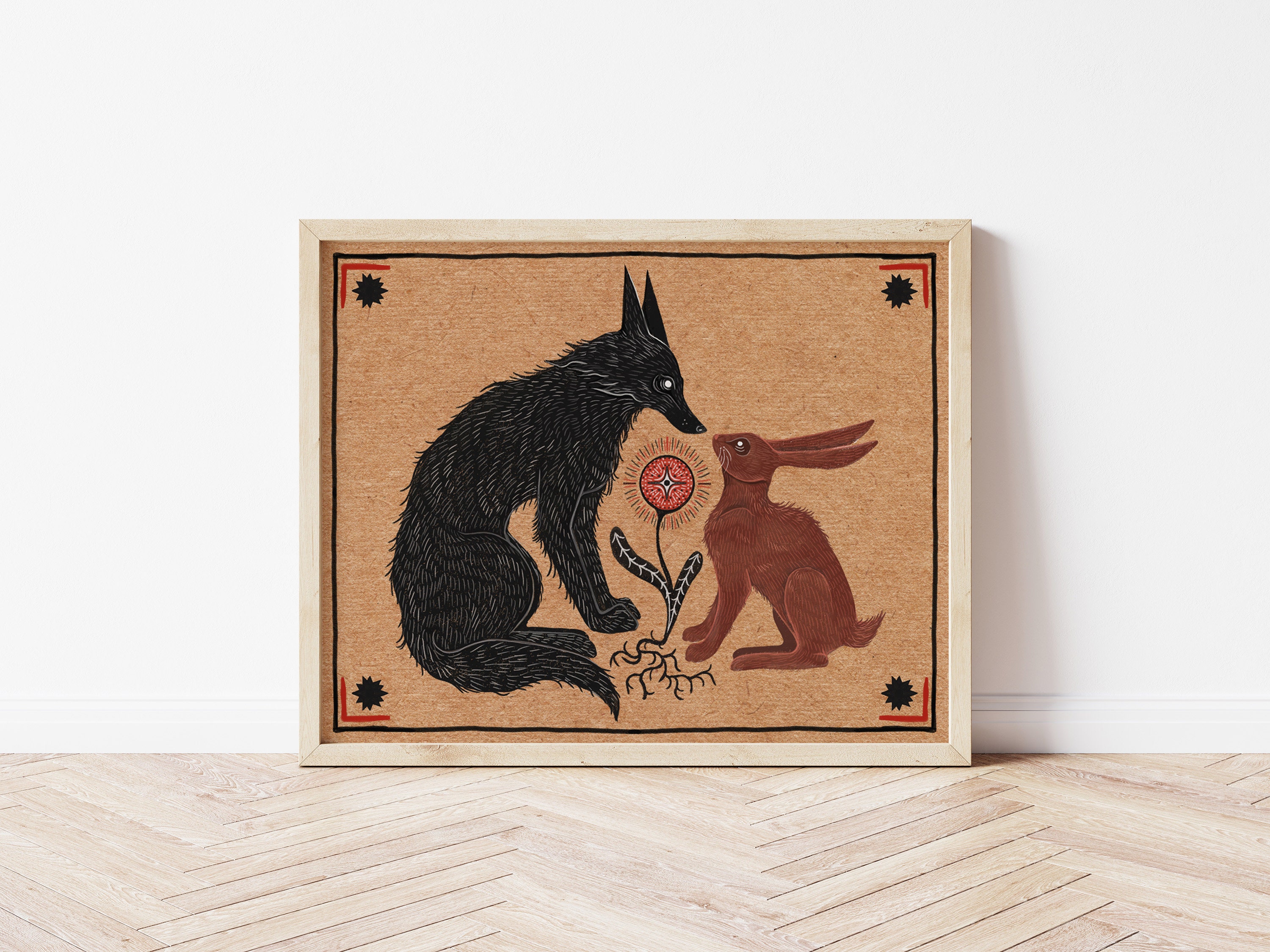Wolf and Hare Folk Art Nature Print - Cottagecore Botanical Wall