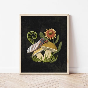 Cicada Perched on Mushroom, Fern, and Blanket Flower Illustration - Dark Background Nature Lover's Art Print - Bug and Botanical Insect Art