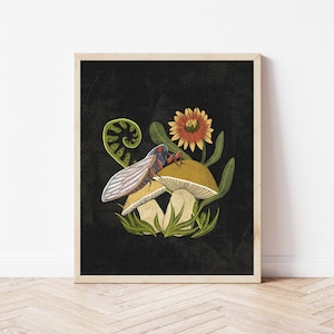 Cicada Perched on Mushroom, Fern, and Blanket Flower Illustration - Dark Background Nature Lover's Art Print - Bug and Botanical Insect Art