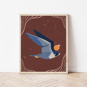 Peregrine Falcon, Moon, and Star Art Print - Bird of Prey and Sunset Illustration - Witchy, Celestial, Dark Forest Cottagecore Wall Décor