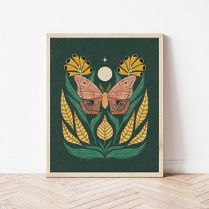 Polyphemus Moth and Botanicals Nature Print Illustration - Moon, Star, and Moth Floral Art Print - Witchy, Celestial, Dark Forest Wall Décor