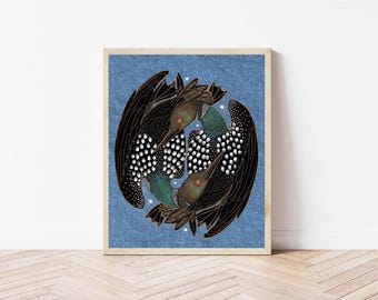 Circling Common Loons and Stars - "Love over Loonacy" - Whimsical Bird Art - Common Loon Gallery Wall Decor