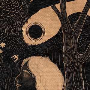 May include: A black and white illustration of a woman with long hair looking up at a crow with a large eye. The crow is perched on a tree branch with a sun behind it. The background is a dark brown.