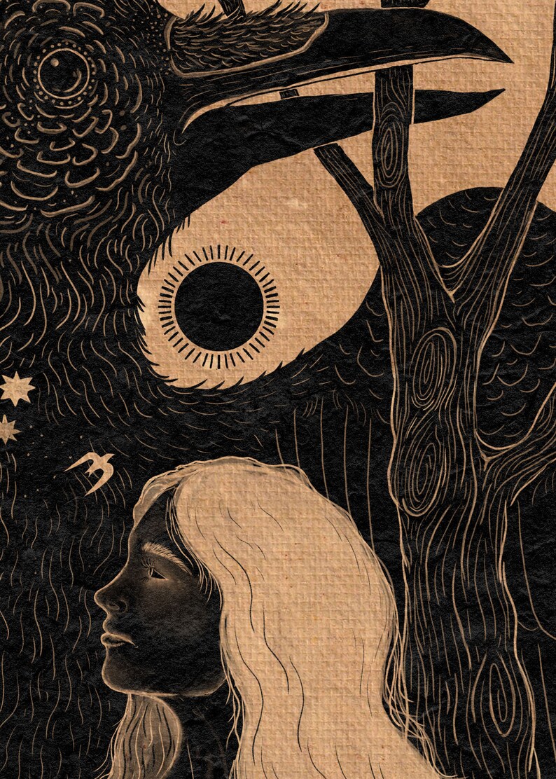 May include: A black and white illustration of a woman with long hair looking up at a crow with a large eye. The crow is perched on a tree branch with a sun behind it. The background is a dark brown.