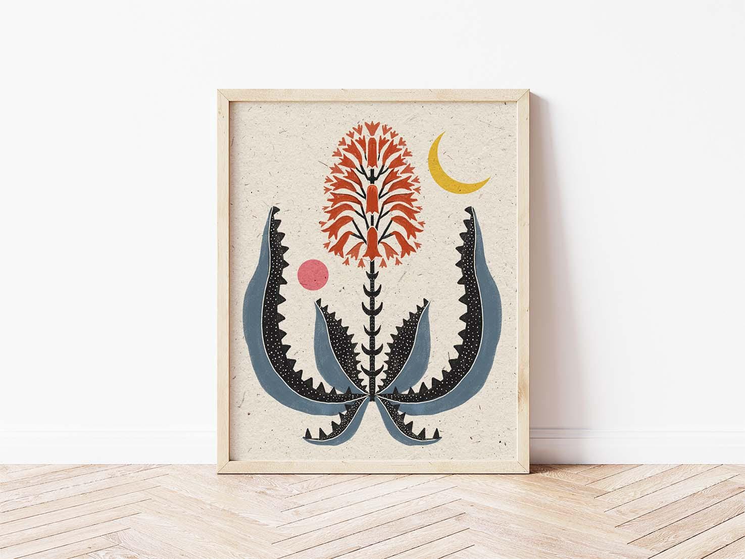 Flowering Aloe, Moon, and Sun Folk Art Print - Botanical Garden Illustration - Southwestern Art - Minimalist Desert Print Wall Décor - 8x10