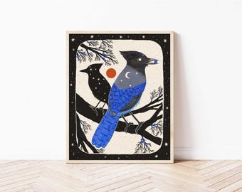 Steller's Jay and Juniper Folk Art Print - Bird and Botanical Art Print - Nature Lover's Folk Art Wall Décor - Birder Gift