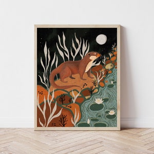 River Otter and Night Moon Nature Print - Woodland Creature and River Wall Décor - Nighttime River Life, Celestial, Witchy, Cottagecore Art