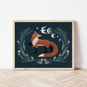 Fox and Mourning Doves Folk Art Nature Print - Red Fox and Mushroom Botanical Illustration - Witchy, Celestial, Dark Forest Wall Décor