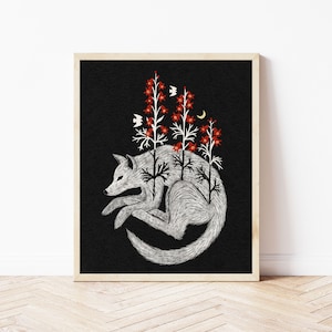 Wolf and Flowers Folk Art Nature Print - Cottagecore Wall Décor -  Botanical Witchy Art