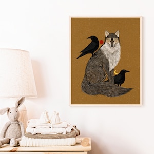 Wolf and Crow Folk Art Nature Print Coyote Art Wall Décor Woodland Creatures, Celestial Moon Phase Nature Illustration image 7