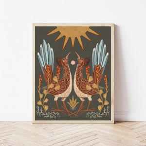Twin Roadrunners, Sun, and Globemallow Folk Art Nature Print - Desert Illustration - Witchy, Celestial, Southwestern Cottagecore Wall Décor
