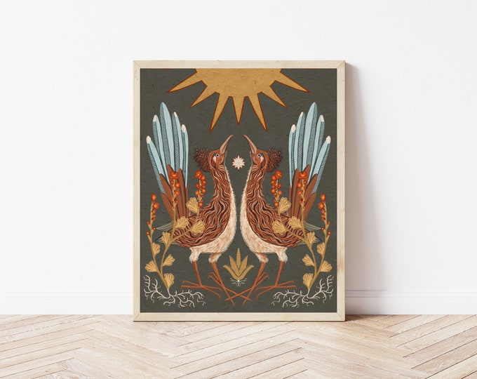 Twin Roadrunners, Sun, and Globemallow Folk Art Nature Print - Desert Illustration - Witchy, Celestial, Southwestern Cottagecore Wall Décor