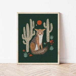 Coyote, Moon, and Star Nature Art Print - Cactus and Desert Nighttime Illustration - Witchy, Celestial, Southwestern Cottagecore Wall Décor